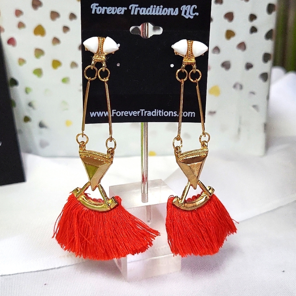 Tassel Earrings- Red with Gold and White Decor